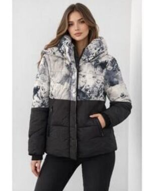Roxy Holiday Rebel Block Puffer Jacket - Black & Marble Print